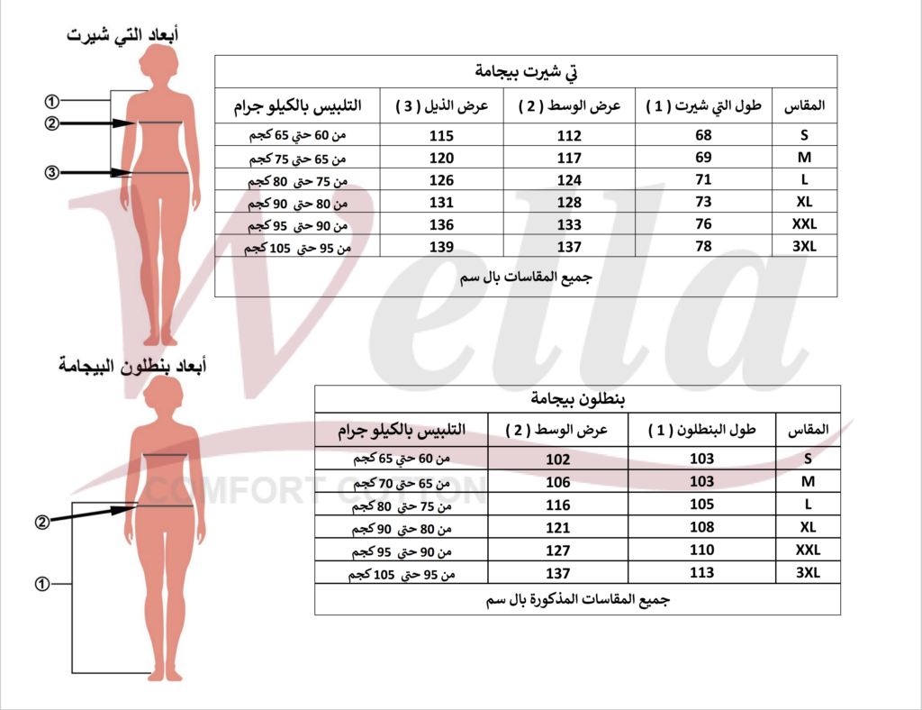 جدول مقاسات ويللا للبيجامات بالأبعاد